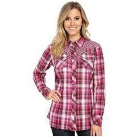 Ariat Womens Snap Button Plaid Shirt Sz M Embroidered Fuchsia - Picture 1 of 9